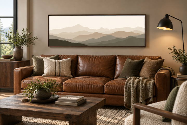 Minimalist mountain landscape wall art in neutral beige and brown tones above a leather sofa.