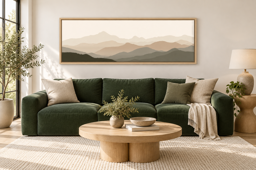 Neutral beige and brown minimalist mountain landscape wall art in a wood frame above a green sofa.