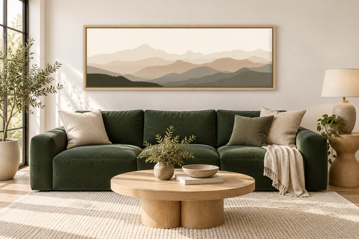Neutral beige and brown minimalist mountain landscape wall art in a wood frame above a green sofa.