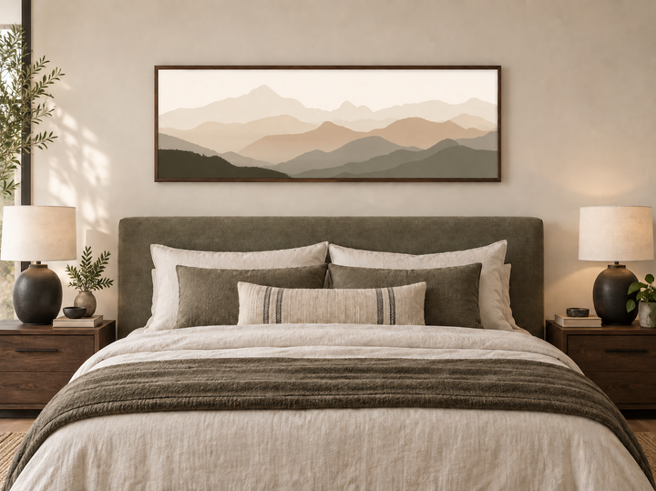 Minimalist mountain landscape wall art in beige and brown tones hanging above a bed.
