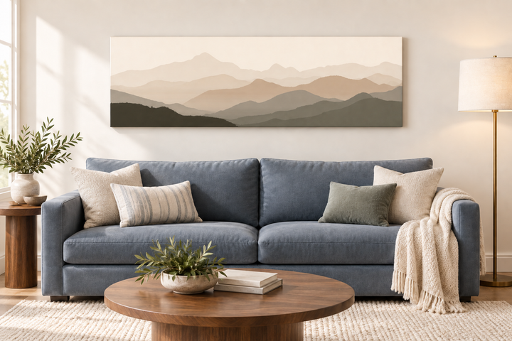 Minimalist mountain landscape wall art in neutral beige and brown tones above a blue sofa.