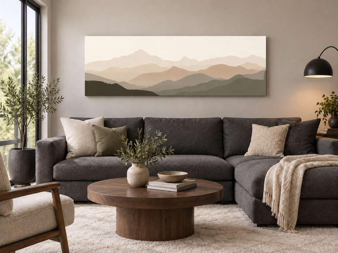 Minimalist mountain landscape wall art in beige and brown tones above a dark grey sectional sofa.