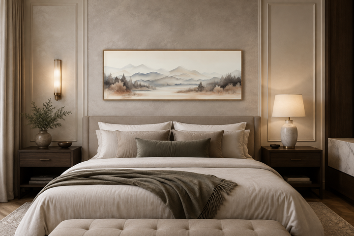 Neutral beige mountains and lake long narrow framed canvas wall art hanging above a bed.