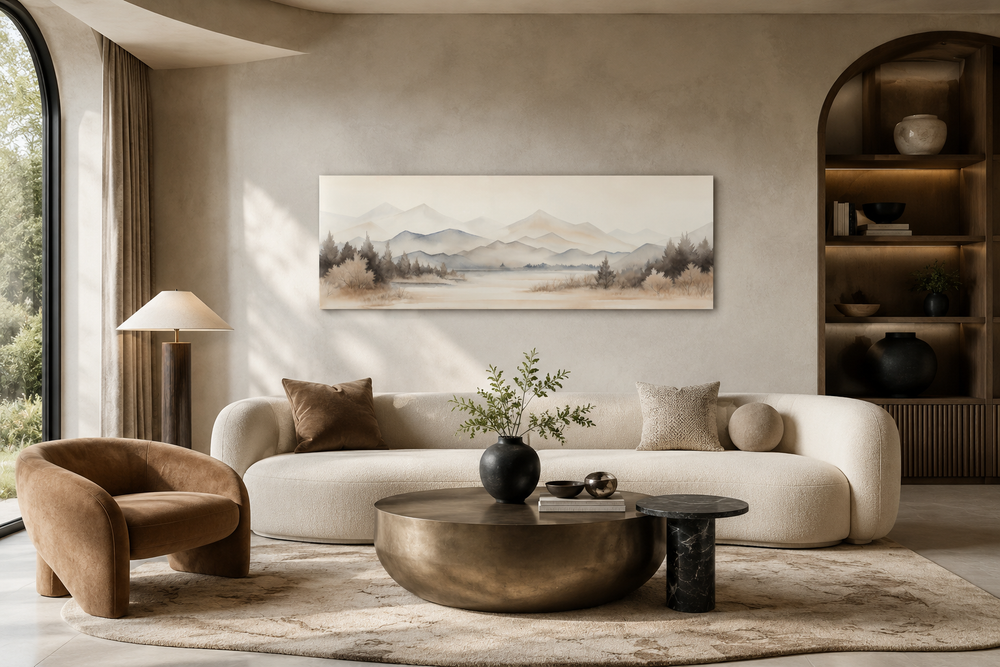 Long narrow framed canvas wall art featuring a neutral beige watercolor mountain and lake landscape.
