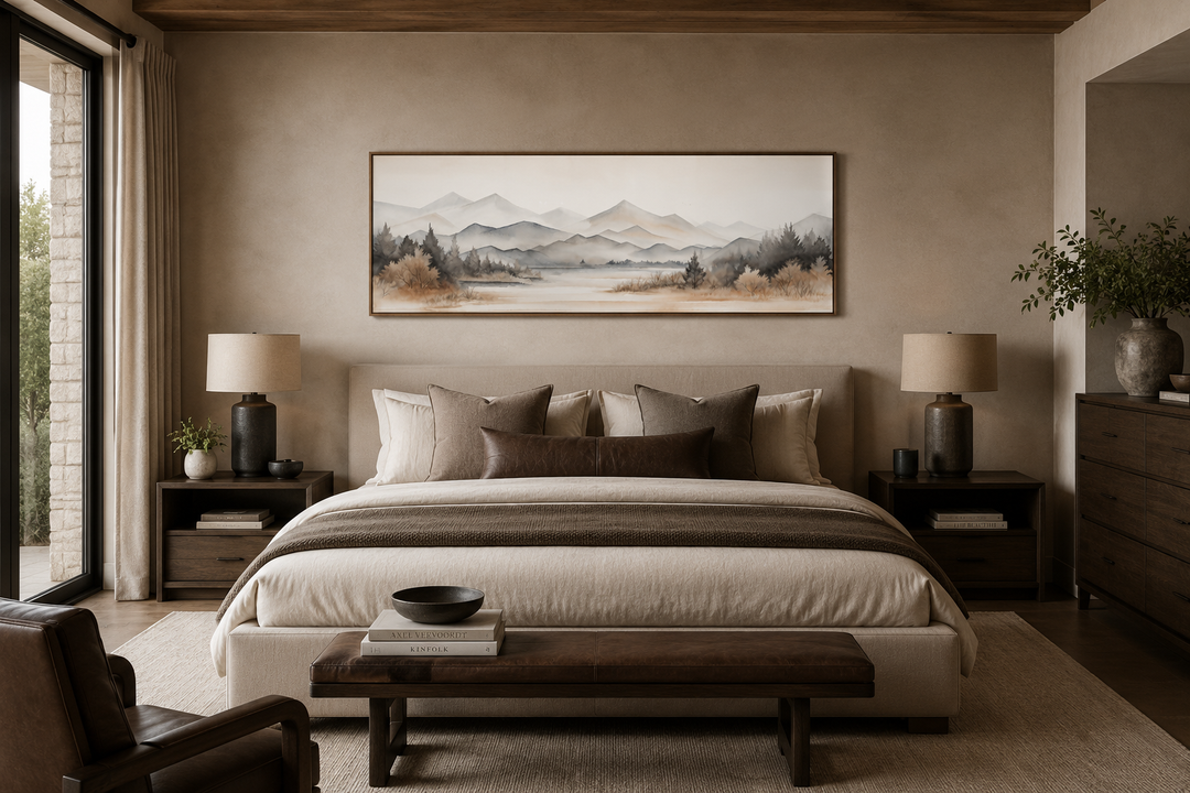 Long narrow framed canvas wall art featuring a neutral beige watercolor mountain and lake landscape.