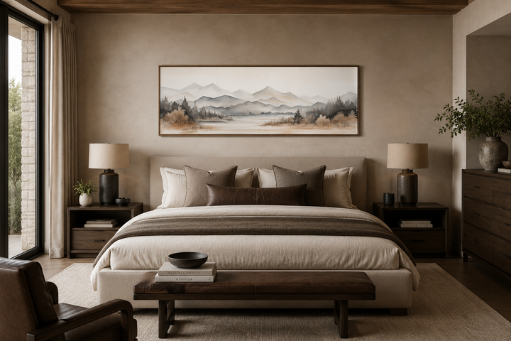 Long narrow framed canvas wall art featuring a neutral beige watercolor mountain and lake landscape.