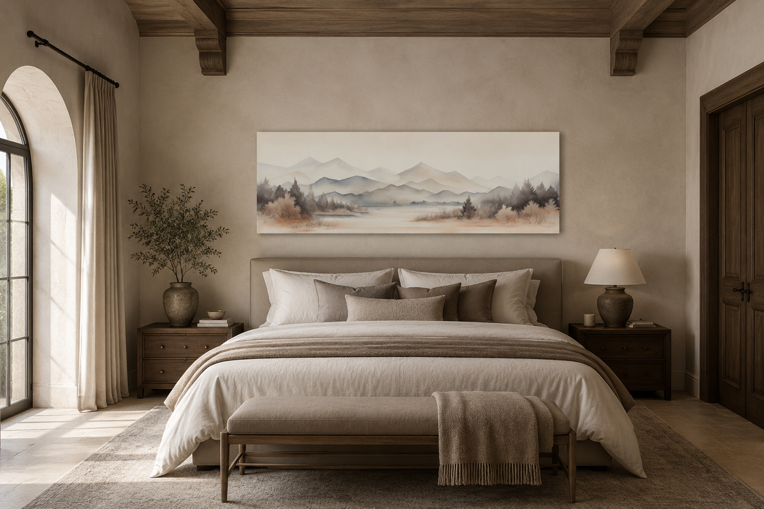 Long narrow framed canvas wall art featuring a neutral beige watercolor mountain and lake landscape.