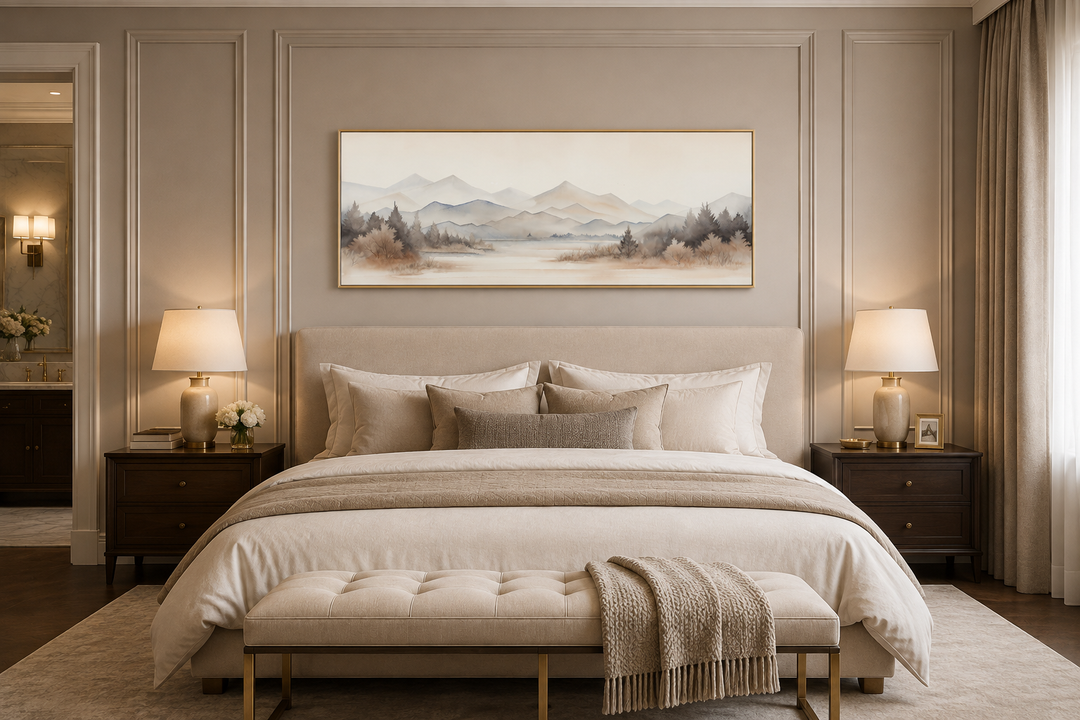 Long narrow framed canvas wall art featuring a neutral beige watercolor mountain and lake landscape.