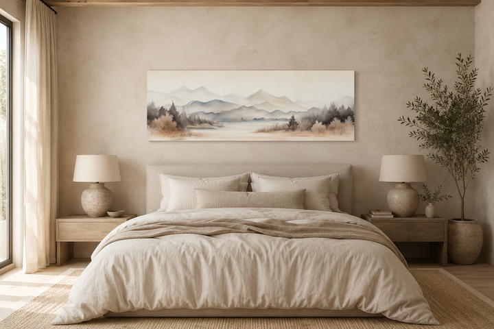 Neutral beige mountains lake long narrow framed canvas wall art hanging above a bed.