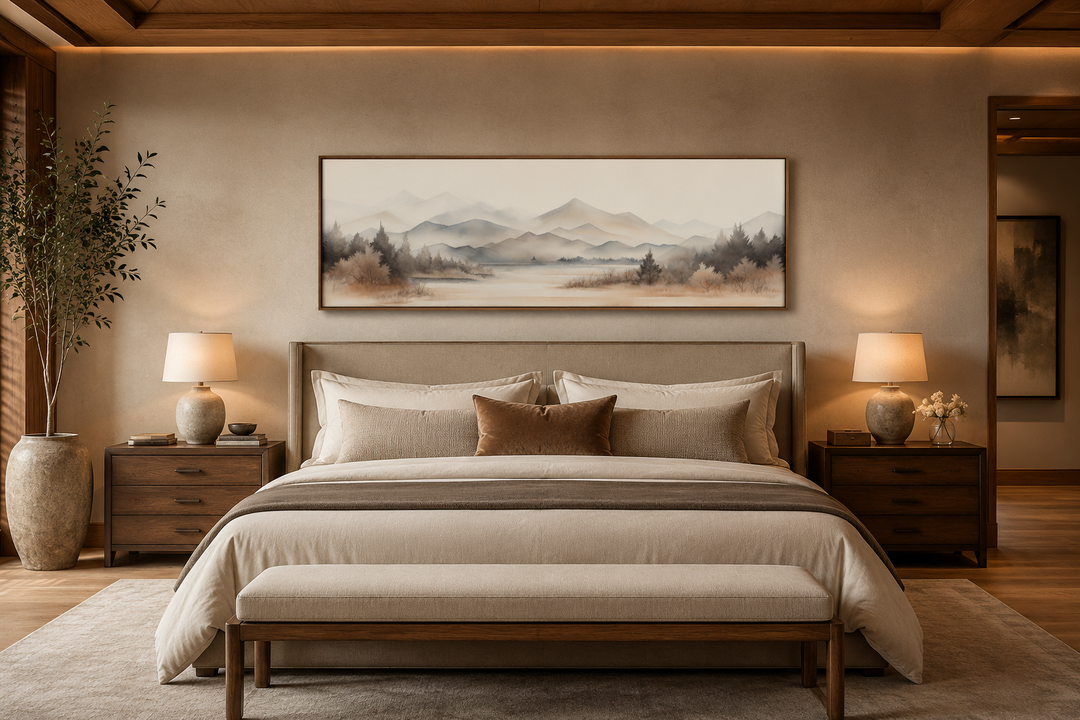 Long narrow framed canvas wall art featuring neutral beige mountains and a lake above a bed.