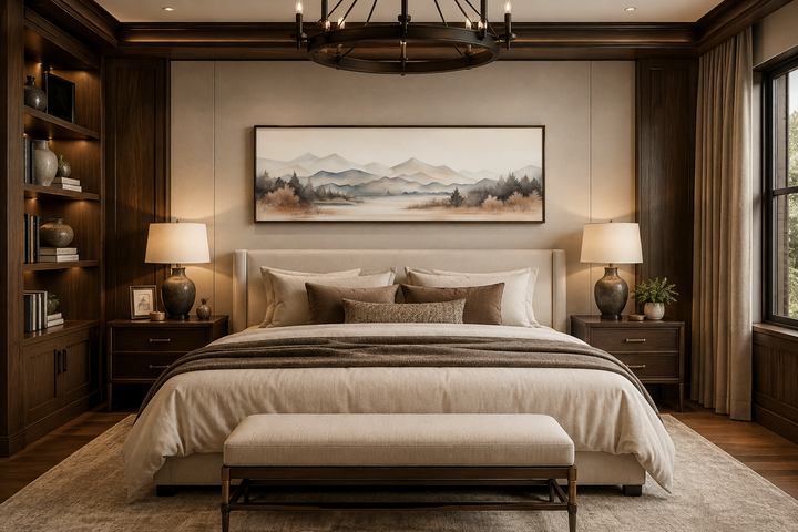Long narrow framed canvas wall art of neutral beige mountains and a lake above a bed.