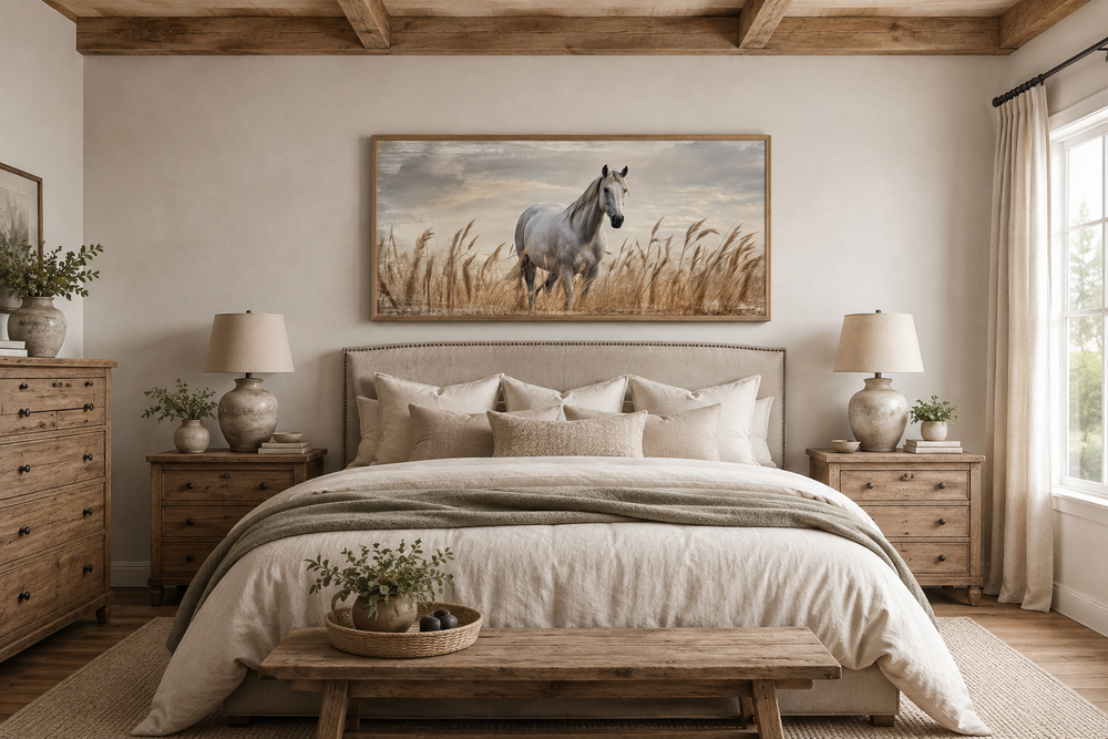Farmhouse framed canvas wall art of a white horse in a wheat field above a bed in a rustic bedroom.