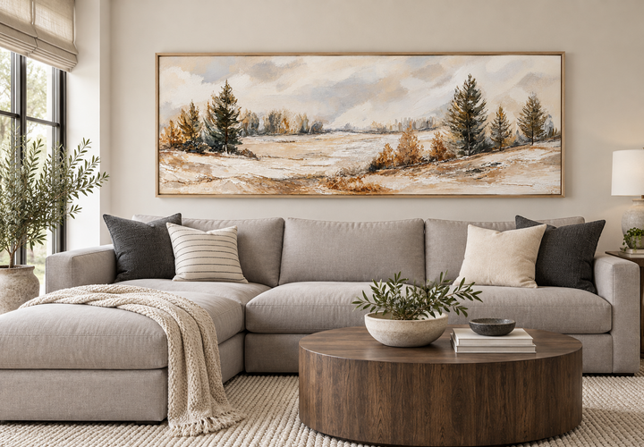 Landschaftsbild in neutraler Form | Panorama-Leinwanddruck – Beige-grüne Naturdekoration 