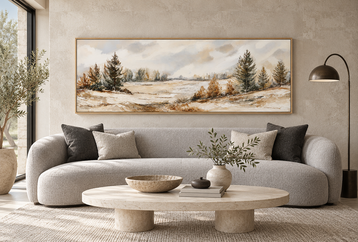 Landschaftsbild in neutraler Form | Panorama-Leinwanddruck – Beige-grüne Naturdekoration 
