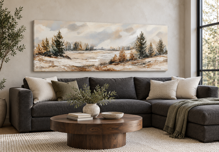 Landschaftsbild in neutraler Form | Panorama-Leinwanddruck – Beige-grüne Naturdekoration 