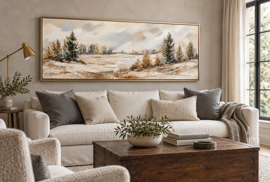 Landschaftsbild in neutraler Form | Panorama-Leinwanddruck – Beige-grüne Naturdekoration 