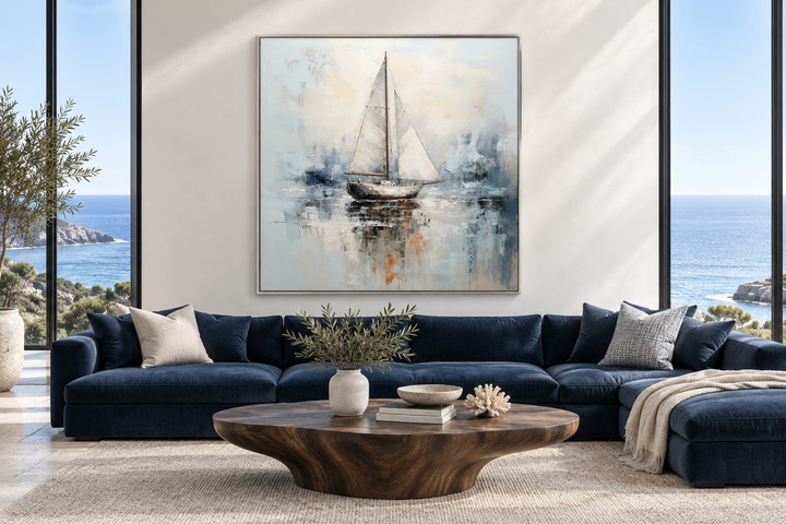 Neutral light blue square sailboat wall art in a modern coastal living room with a navy blue sofa.