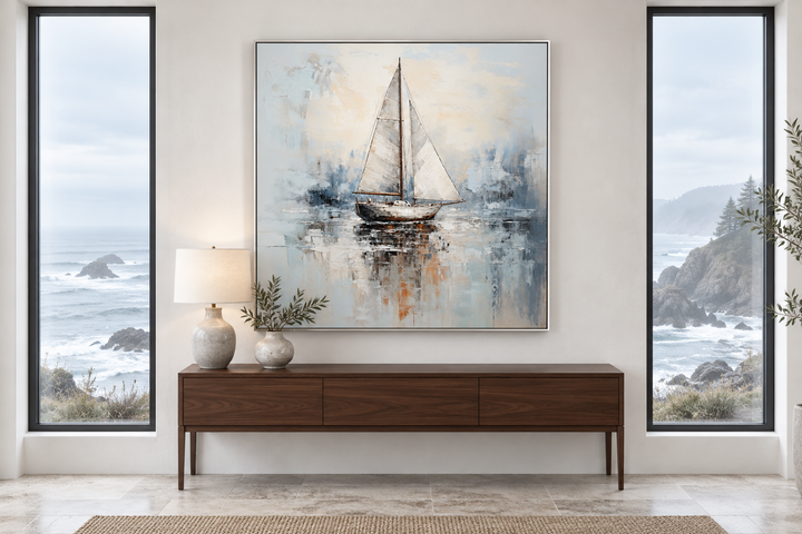 Neutral light blue square sailboat wall art in a modern coastal room with a dark wood console.