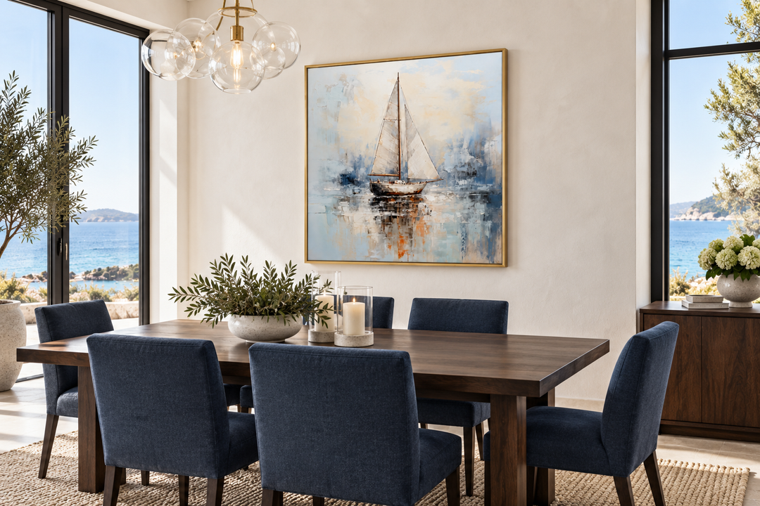 Square abstract sailboat painting in a gold frame above a dark wood dining table with blue chairs.