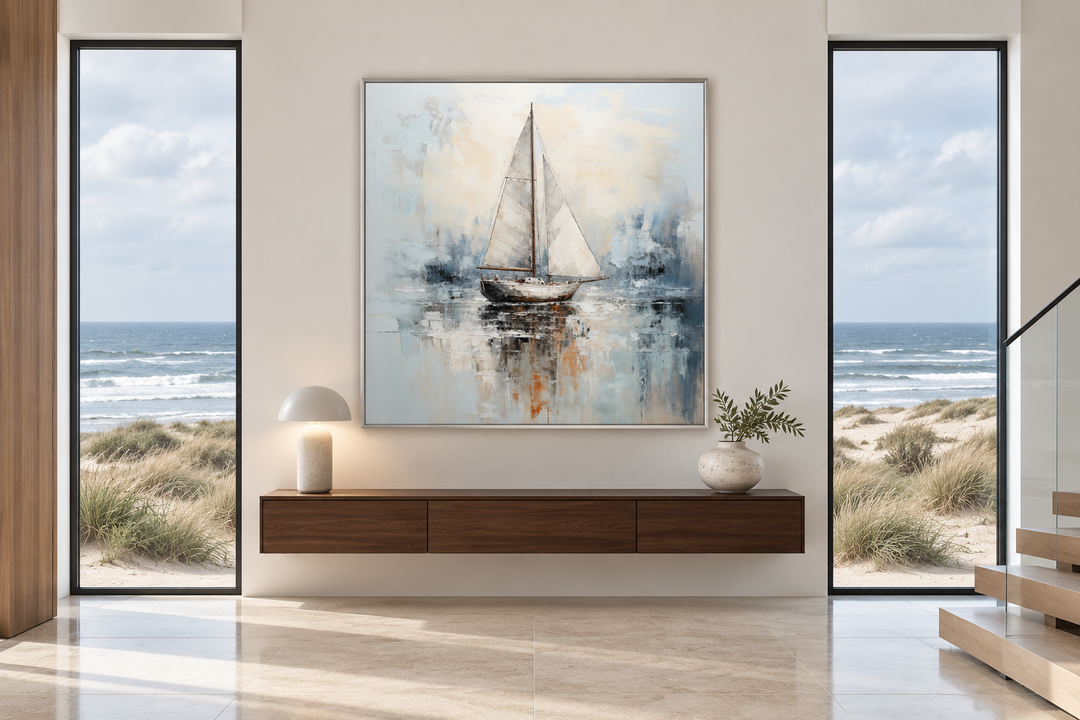 Neutral light blue square sailboat wall art in a modern coastal room with a floating wood console.