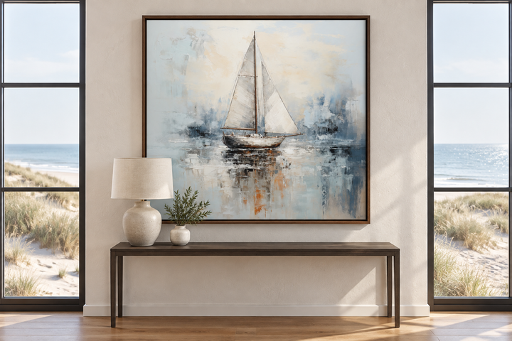Square abstract sailboat painting in light blue and neutral tones above a dark wood console table.