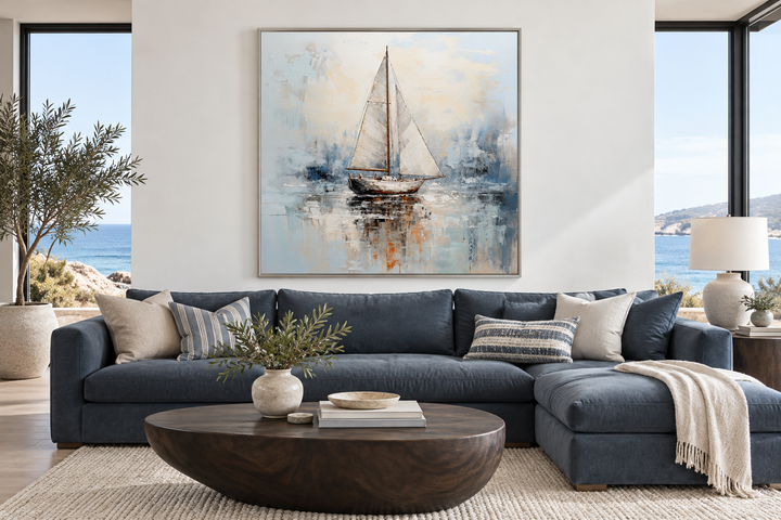 Neutral light blue square sailboat wall art in a modern coastal living room above a blue sofa.