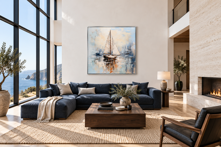 Square abstract sailboat wall art in light blue and neutral tones above a navy blue sectional sofa.