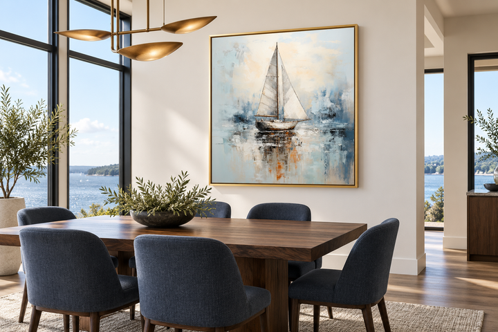 Square abstract sailboat painting in a gold frame above a wooden dining table in a coastal room.