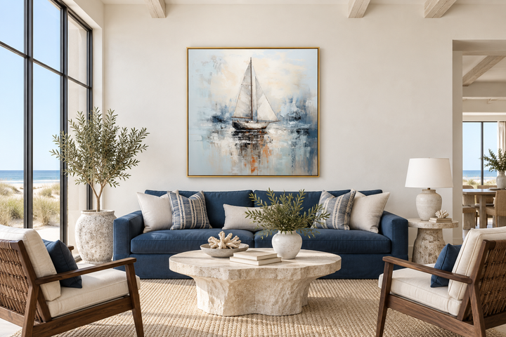 Square abstract sailboat wall art in a gold frame above a blue sofa in a coastal living room.