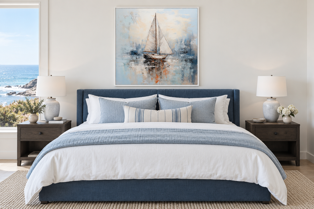 Square abstract sailboat wall art in light blue and neutral tones above a blue upholstered bed.