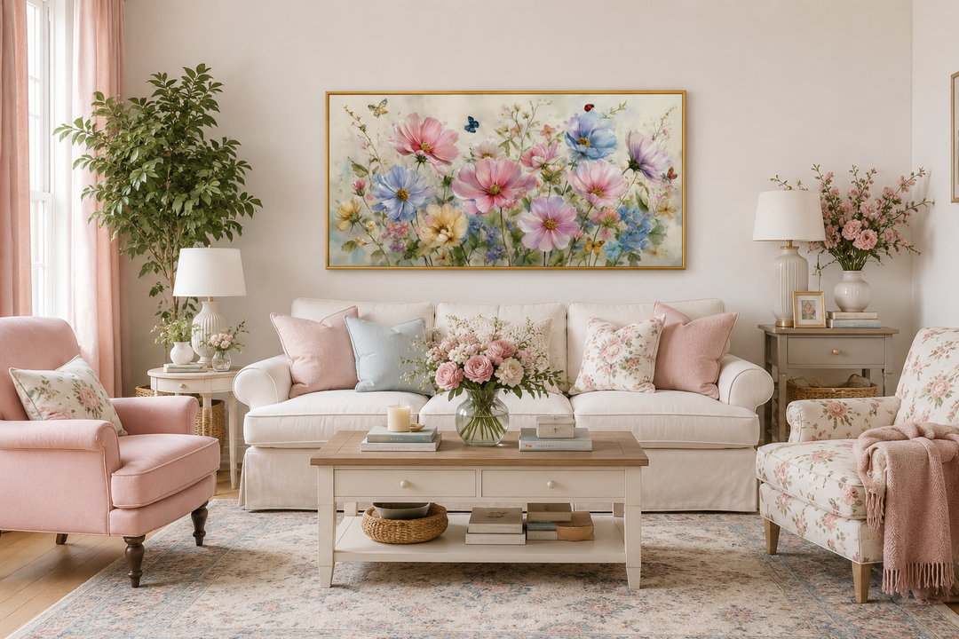 Neutral pink and blue wildflower wall art with butterflies and ladybugs above a white couch.