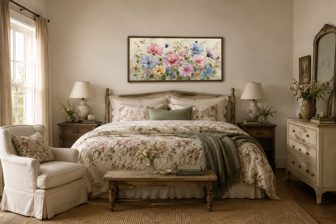 Horizontal wall art of pink and blue wildflowers with butterflies above a floral-patterned bed.