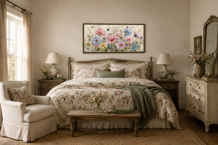 Horizontal wall art of pink and blue wildflowers with butterflies above a floral-patterned bed.