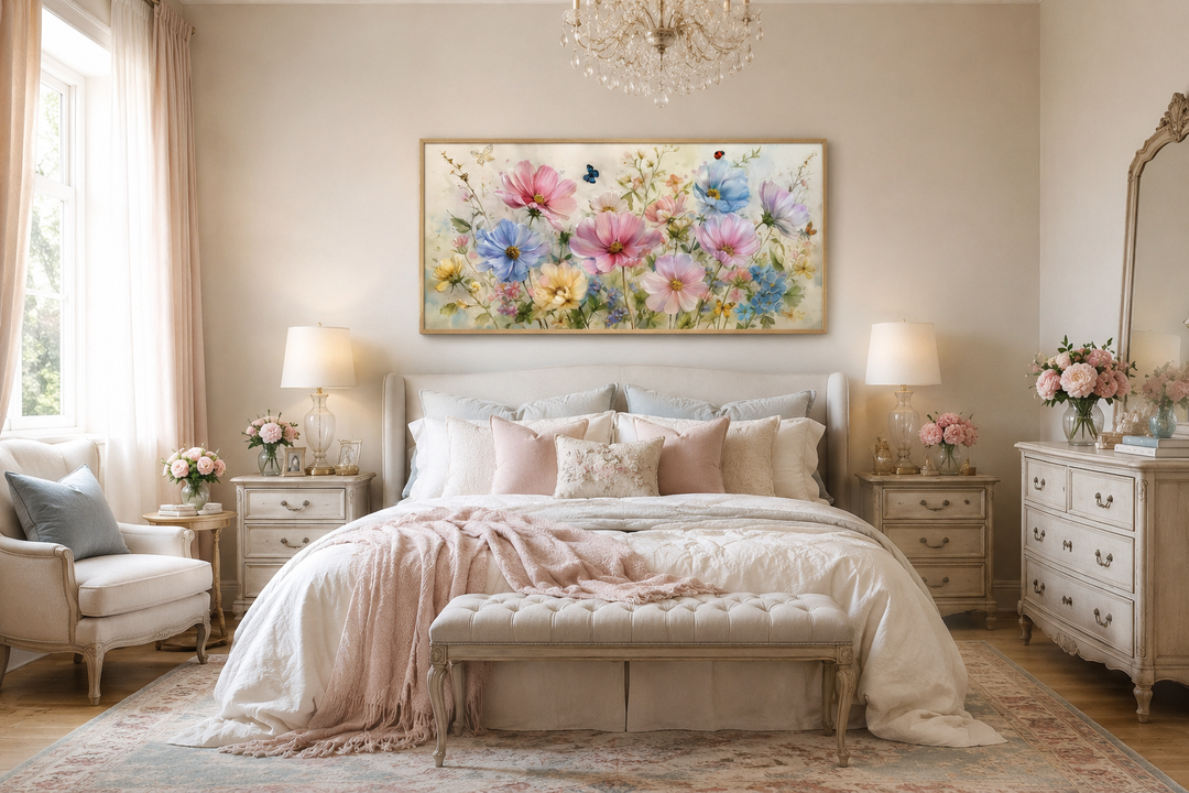 Neutral pink and blue wildflower bouquet wall art with butterflies and ladybugs above a bed.