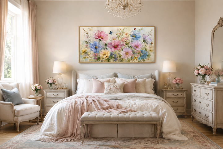 Neutral pink and blue wildflower bouquet wall art with butterflies and ladybugs above a bed.