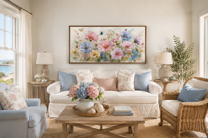 Neutral pink and blue wildflower wall art with butterflies and ladybugs above a white couch.