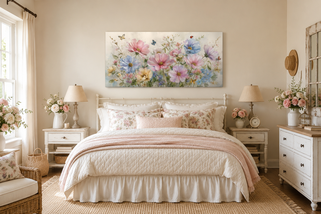 Neutral pink and blue wildflower bouquet canvas art with butterflies above a bed in a cozy bedroom.