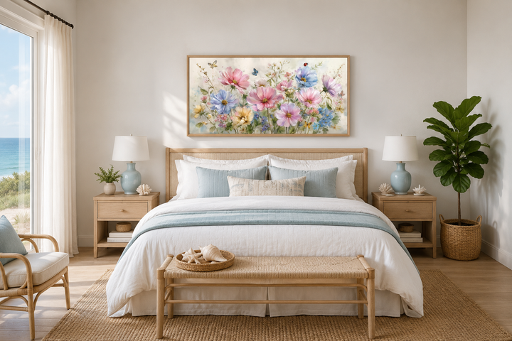 Neutral pink and blue wildflower bouquet canvas art with butterflies above a coastal style bed.