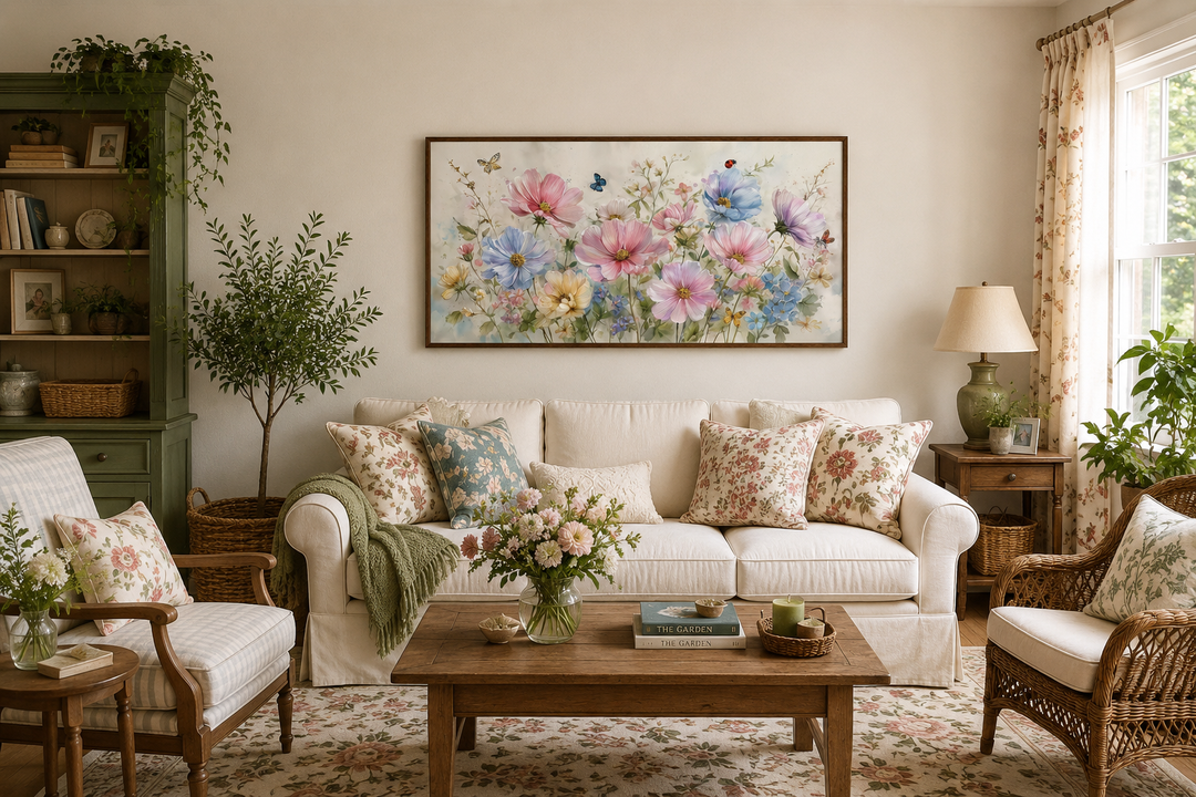 Horizontal wildflower wall art with pink and blue flowers, butterflies, and ladybugs above a couch.