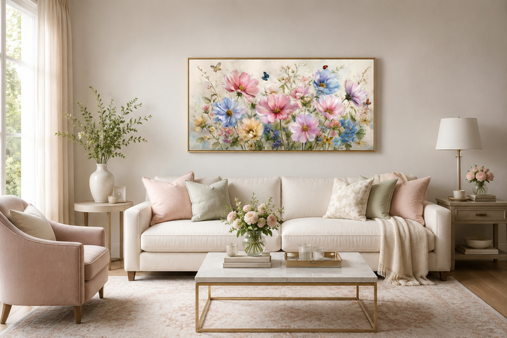 Neutral pink and blue wildflower canvas wall art with butterflies and ladybugs above a white couch.
