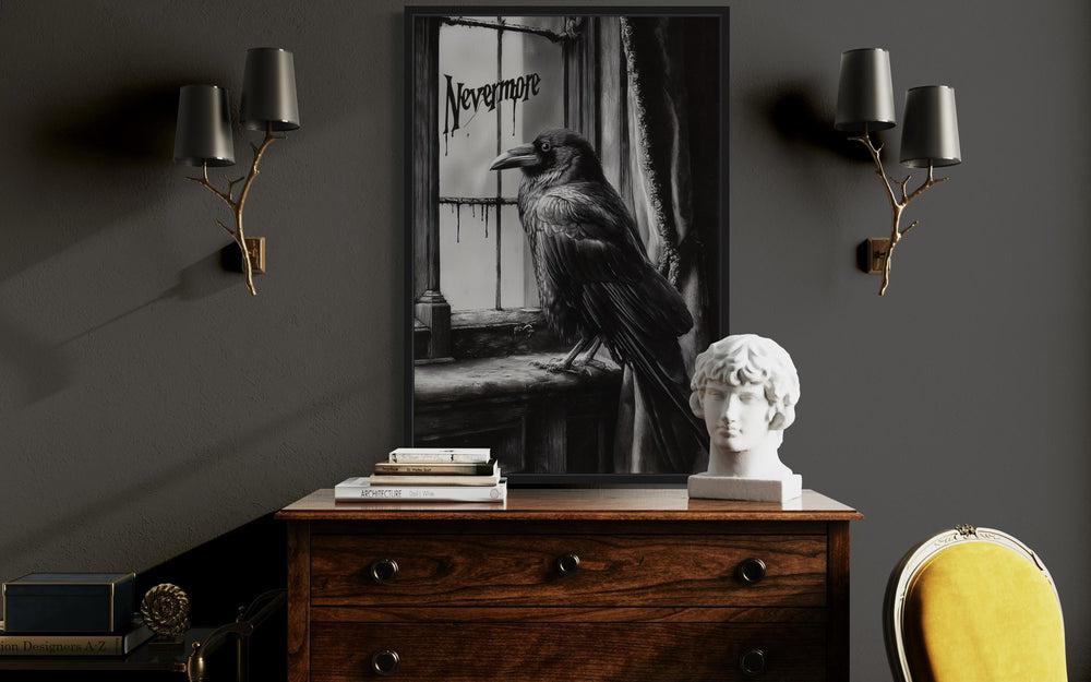 Nevermore gothic wall art featuring a black raven on a windowsill, framed on a dark gray wall.