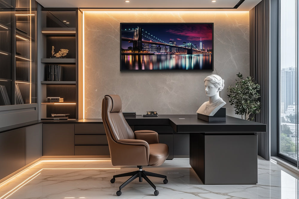 New York City Skyline With Brooklyn Bridge Framed Canvas Wall Art