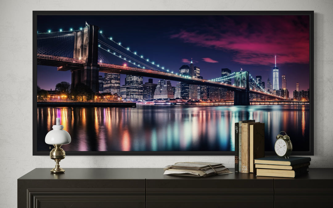 New York City Skyline With Brooklyn Bridge Framed Canvas Wall Art