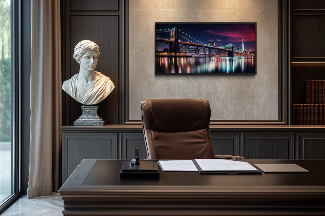 New York City Skyline With Brooklyn Bridge Framed Canvas Wall Art