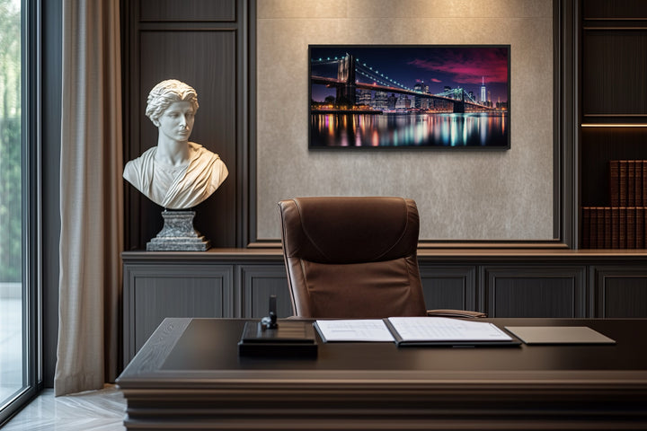 New York City Skyline With Brooklyn Bridge Framed Canvas Wall Art