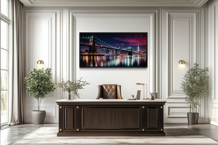New York City Skyline With Brooklyn Bridge Framed Canvas Wall Art