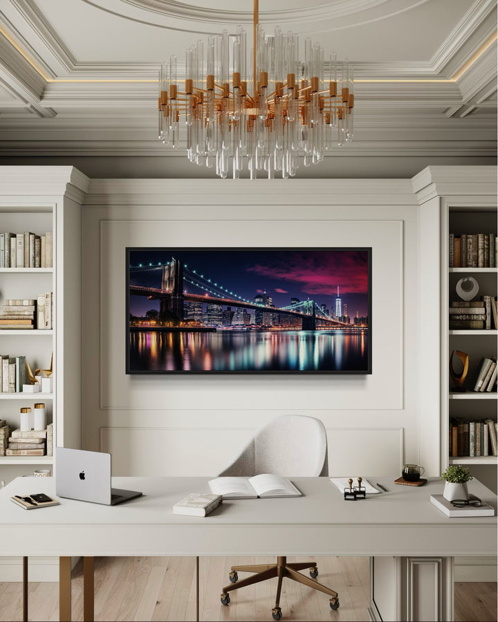 New York City Skyline With Brooklyn Bridge Framed Canvas Wall Art