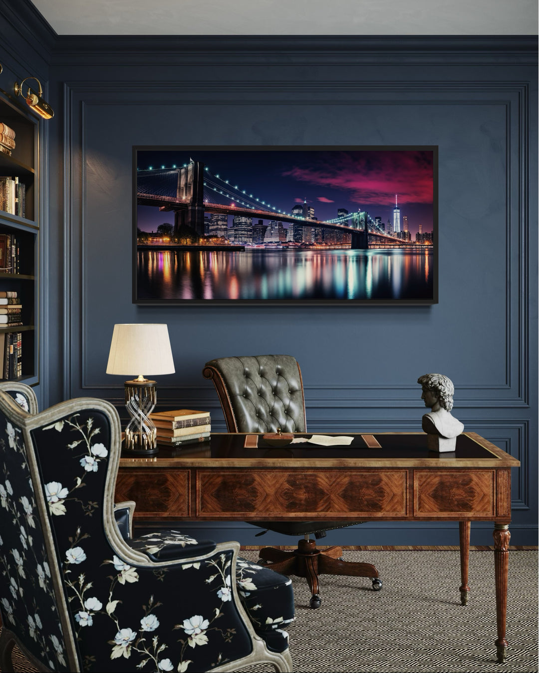New York City Skyline With Brooklyn Bridge Framed Canvas Wall Art