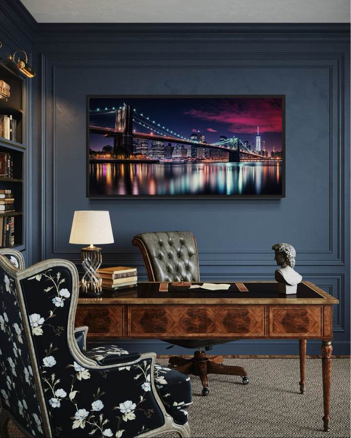 New York City Skyline With Brooklyn Bridge Framed Canvas Wall Art