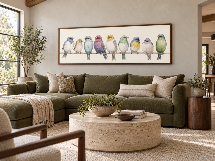 Colorful songbirds on a wire framed canvas art above a green sectional in a modern farmhouse room.